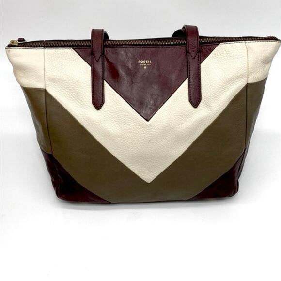 Fossil Sydney Tote Bag Purse Handbag Chevron Burgundy White Olive Green Leather - Picture 1 of 14